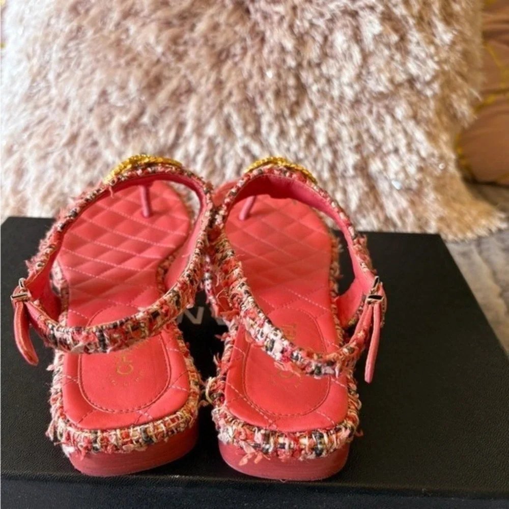 CHANEL Pink Tweed Sandals • Gold CC Logo • Size 37.5 EU • US Size Worn 1X w/ Box - Picture 2 of 15